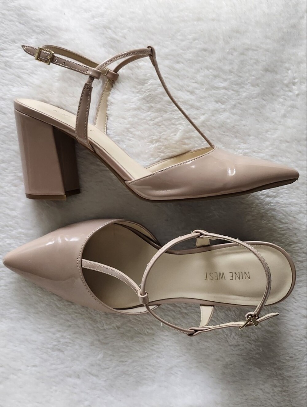 Nine West Blush Patent T-Strap Block Heel Pumps